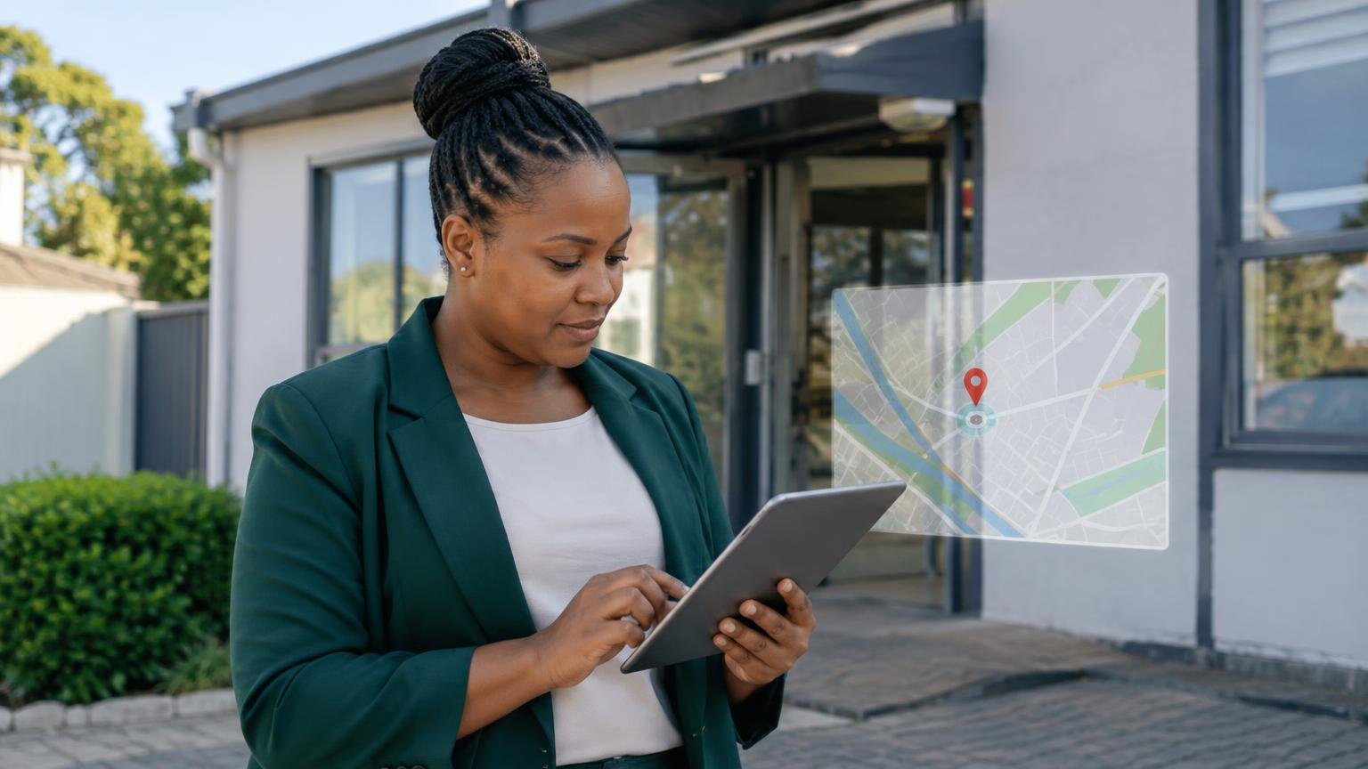 A business owner using a tablet outside an office, with an illustrative map overlay.