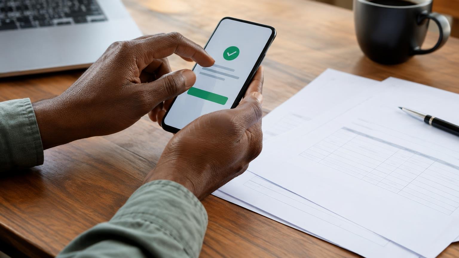 Hands checking a payment authorisation beside invoice papers.